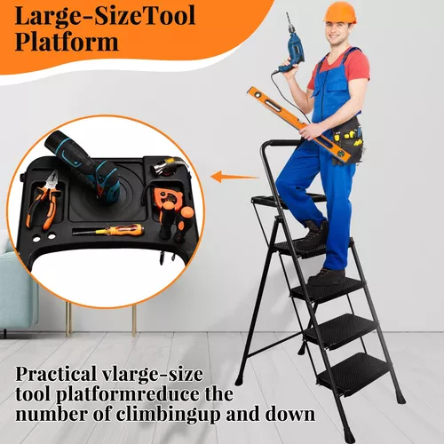 Escalera de 4 escalones, taburete plegable con pedal antideslizante y  bandeja de herramientas, escalera de aluminio ligera para el hogar, cocina