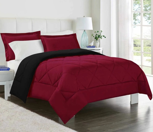 Imagen 3 de 8 de Edredón Matrimonial Rojo Negro Doble Vista 2fundas Almohadas