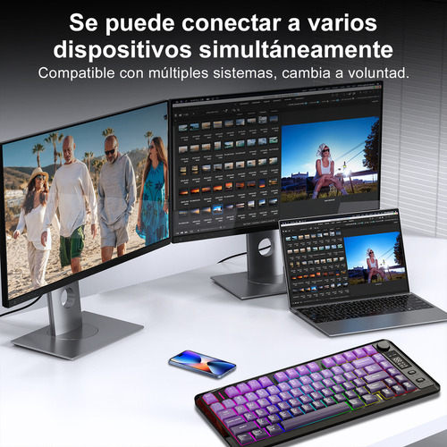 Teclado Free Wolf M75 Rgb Inalámbrico Bluetooth Con Pantalla Violeta