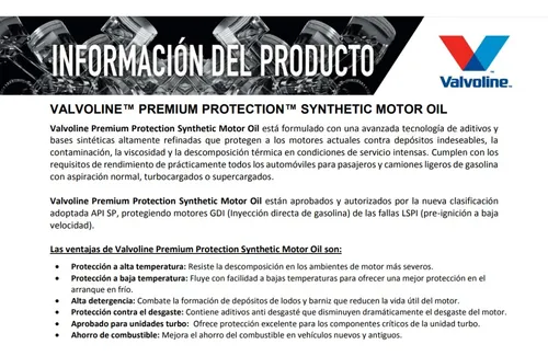 Valvoline 10w30 Gasolina / 100% Sintético / Api Sp / Cuarto
