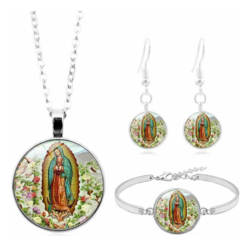 Collar Medalla Pulsera Aretes Virgen De Guadalupe Católica