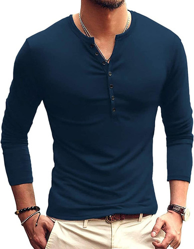 Playeras Hombre Camisa Henley De Manga Larga Casual Cuello V