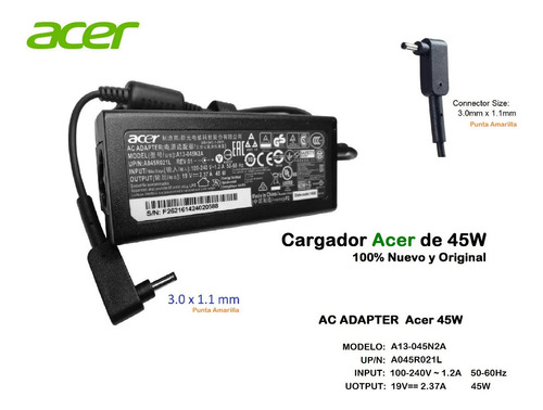 Cargador Acer 19v-2.37 De 45w | 3.3mmx1.1mm Original Y Nuevo