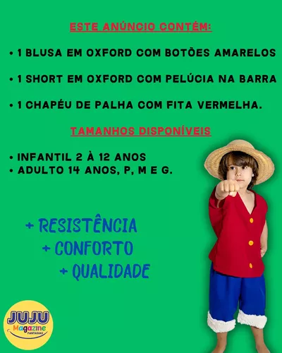 Fantasia Luffy One Piece C/ Chapéu Adulto E Infantil