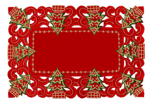 Mantel Individual Navideño Con Pinos Bordado Color Rojo 6 Pz