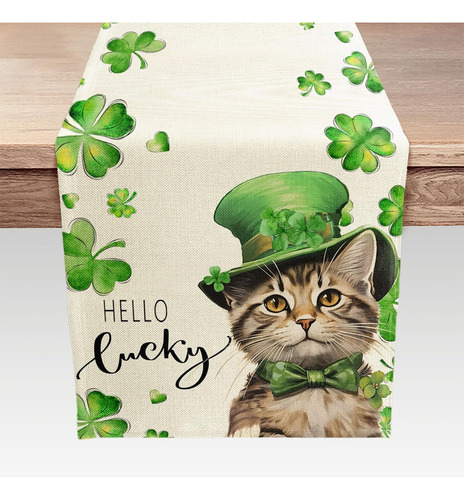 Funny Cat St. Patrick's Day Mesa Runner, Green Lucky Shamroc
