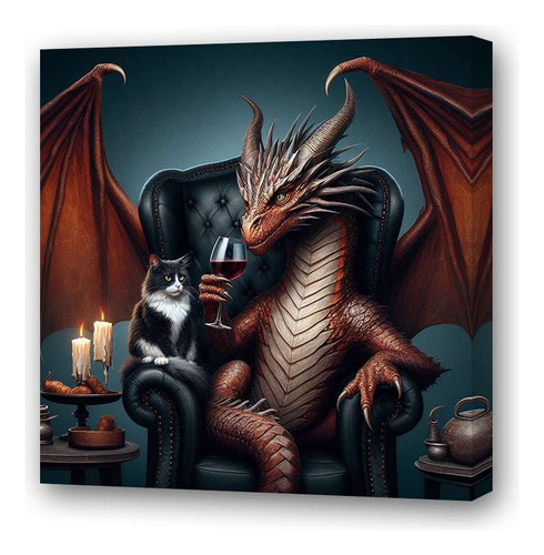 Cuadro 60x60cm Dragon Tomando Vino Gato Sillon Alas