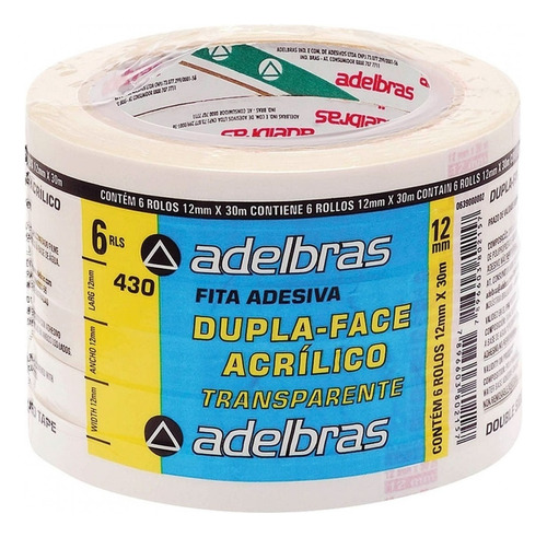 Fita Dupla Face Com 6 Rolos Transparente 12mm X 30m Adelbras Liso