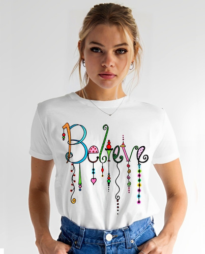  Remera Clásica Recta Blanca Dama, Believe, Amor, Paz Hippie