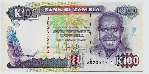 Fk Billete Zambia 100 Kwacha (1989-1991) P-34a Sin Circular