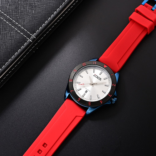 Reloj Zoea Ez8060-l Hombre Cuarzo Silicona 30m Prueba Agua Correa Rojo Bisel Azul Marino