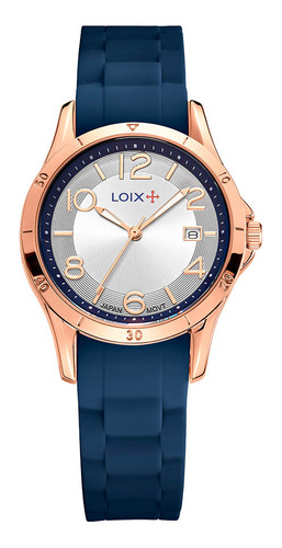 Reloj Loix Dama L1237-2 Azul Con Oro Rosa, Tablero Plateado