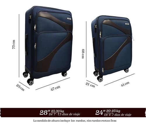 Juego 2 Maletas De Viaje Tela 24 Y 28 Pulgadas 20 Y 25 Kg Azul Oscuro 3002