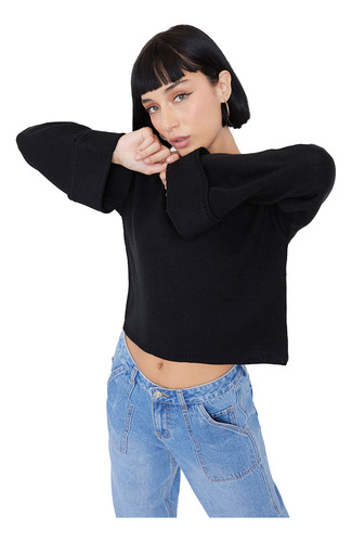 Sweater Mujer Regular Manga Campana Negro Corona