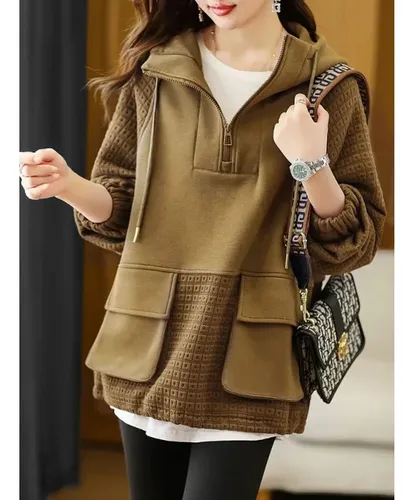 Sudadera Con Capucha Y Cremallera Color Block Para Mujer