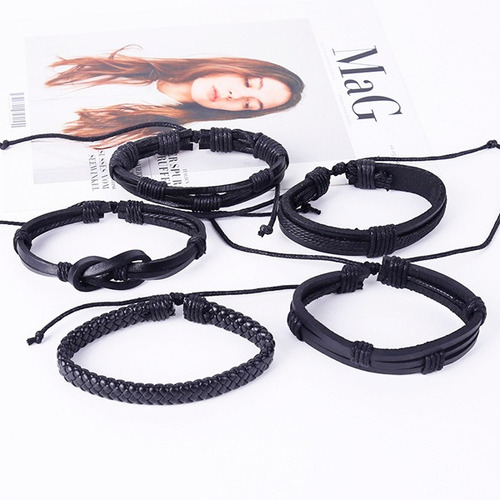 Imagen 5 de 5 de Set De 5 Pulseras Negras De Cuero