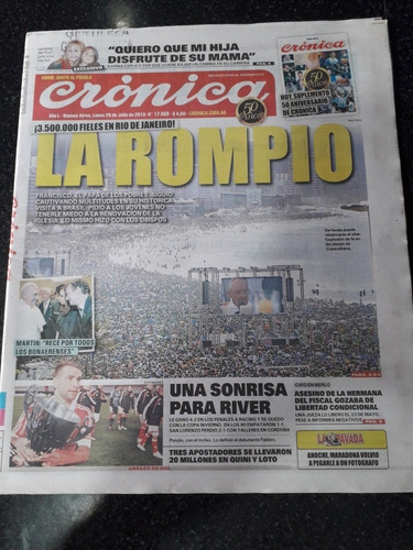 Diario Crónica 29 7 2013 River Papa Francisco Brasil 
