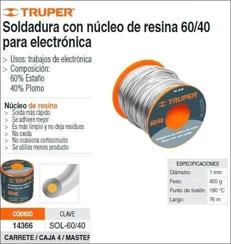 SOLDADURA NUCLEO DE RESINA 60/40 PARA ELECTRONICA - TuVoltio