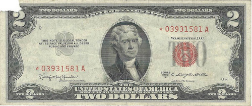 Imagen 1 de 2 de Billete 2 Dolares Sello Rojo 1953 Con Estrella