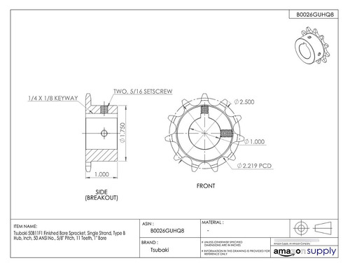 Tsubaki 50b11f-1 Terminado Piñón Bore, Solo Filamento, Pulga