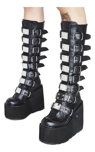 Botas Altas Plataforma Con Hebilla Metal Mujer Talla Grande