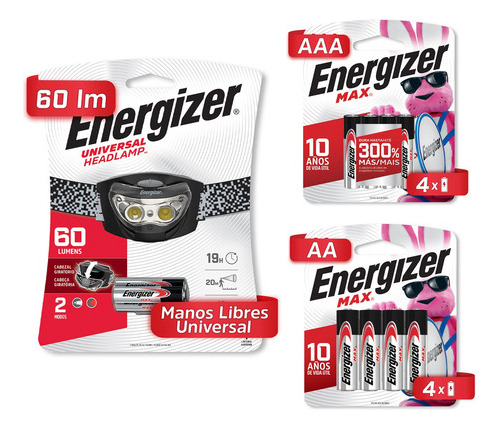 Linterna Energizer Manos Libre Hd33a4 + 4 Aa Y 4 Aaa Color de la linterna Negro Color de la luz Blanco