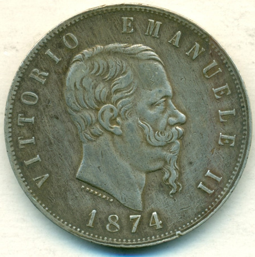 Italia Moneda De Plata Tamaño Corona 5 Liras 1874 M # 8.3 Mb