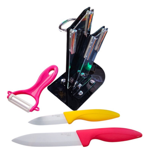 Set De 2 Cuchillos Y 1 Pelador De Ceramica Con Base Rojo