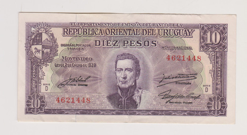 Billete Uruguay 10$ Año 1939 Serie D Excelente ++