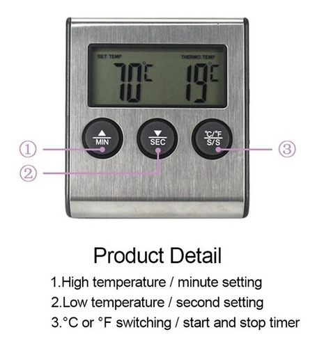 Imagen 9 de 9 de Termometro Digital Cocina Lcd Pinchacarne Liquido Acero Inox