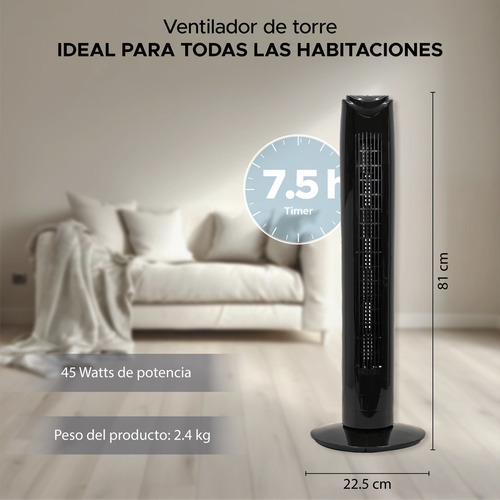 Ventilador Abanico Torre 32in Giratorio Control Remoto 81 Cm Estructura Negro Aspas Negro Diámetro 32 Frecuencia 60 Material De Las Aspas Plástico