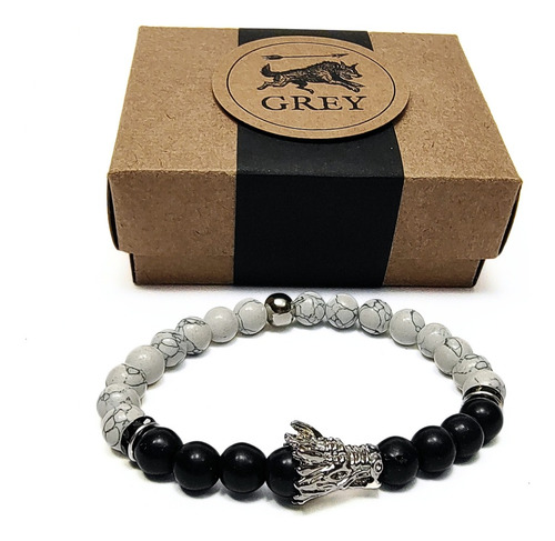Pulsera De Hombre Dije Dragón + Howlita Blanca Y Onix Negro