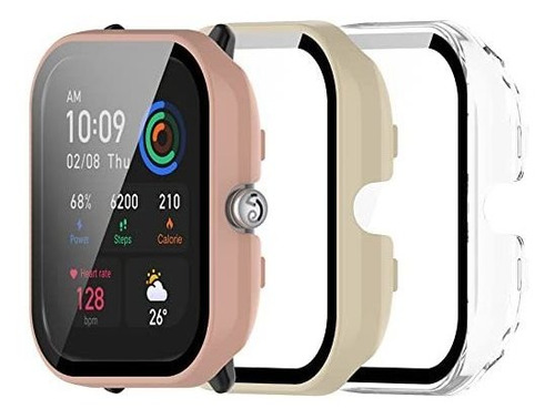 3fundas Amazfit Gts 4 Mini+vidrio Templado Rosa Beige Clear