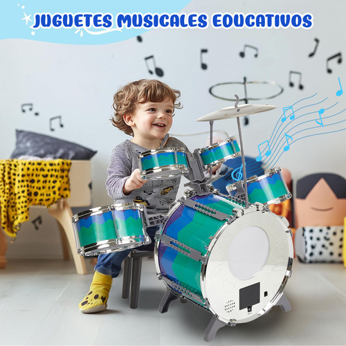 Batería Musical de Juguete Rovtop Toddler Drum Set Azul, Batería Niños Banco Baquetas Platillo Bombo Musicales Toygagade, 5 Tambor