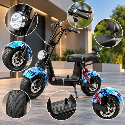 Scooter Eletrica Azul 1000w Bateria Litio 48v 20ah Autonomia 45 50km 40kmh Banco Duplo Encosto Pneus Largos Freio Hidraulico Ate 200kg Sem Cnh