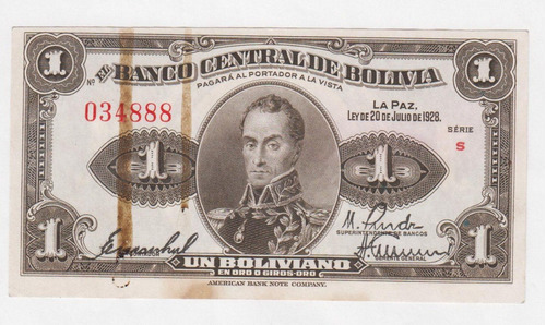 Billete Bolivia 1 Boliviano 1928 Serie S (1942) (c85)