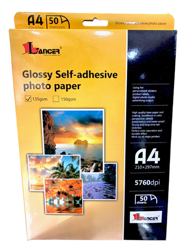 Papel Fotográfico Adhesivo Glossy 135gsm A4 X 50 Hojas 