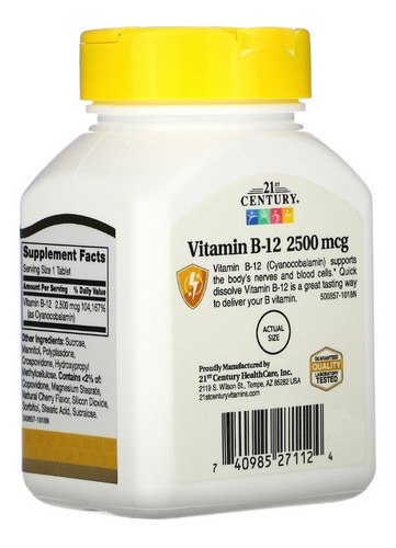 B-12 2.500 Mcg 110 Comprimidos Sublinguais 21st Century Usa