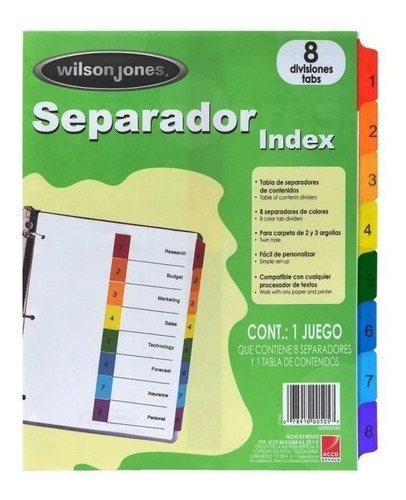 Separador Wilson Jones 8 Divisiones Economico - P1346 /vc