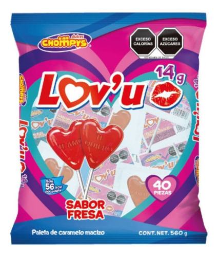 3 Pzas Paleta De Caramelo Dulces Chompys Lov'u Sabor Fresa 4