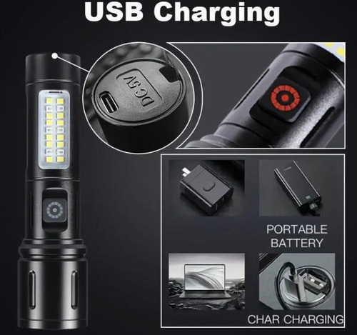 Linterna Led De Mano Recargable Usb Con Baliza Táctica Zoom