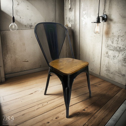 Silla Tolix Acero Reforzado Con Asiento De Madera Oscuro