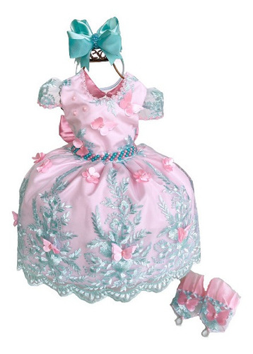Vestido Jardim Encantado Rosa Renda Infantil Luvas Saiote
