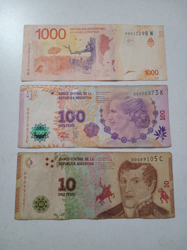 Lote 3/billetes Con Baja Numeración. $10, $100, $1000.