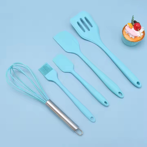 Kit 5pçs Utensilio Cozinha Colher Espatula Silicone Maciço Cor Azul