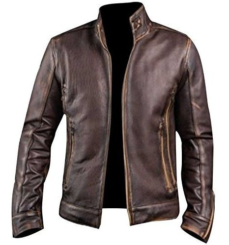 Chaqueta - Mens Biker Cafe Racer Vintage Distressed Brown Mo