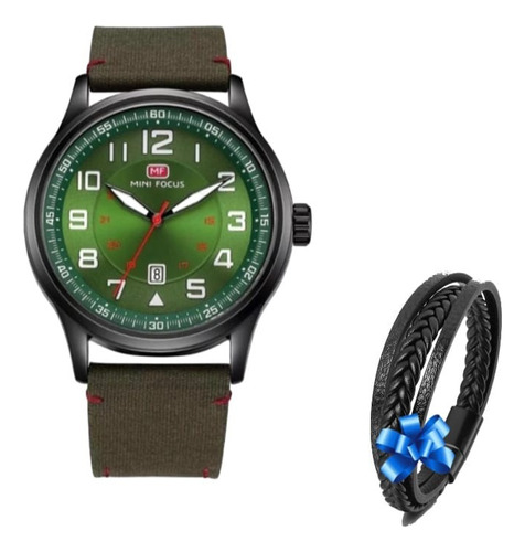 Reloj Hombre Malla Cuero Verde Altísima Calidad + Obsequio!