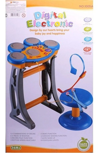 Bateria Electronica Con Taburete , Microfono Y Auriculares Color Amarillo y Azul