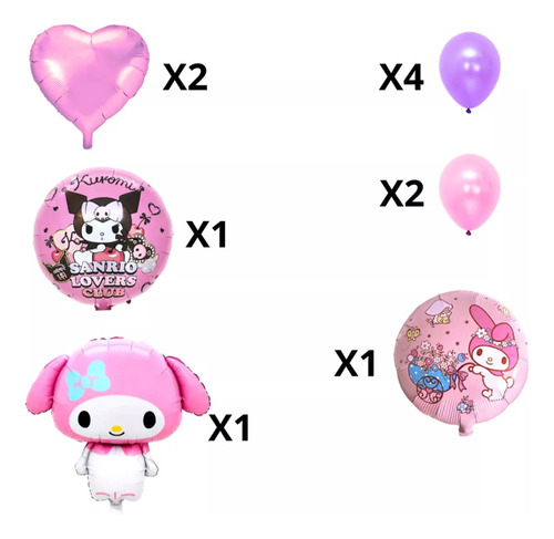 Set Sanrio 16 Piezas Globos Metalizados Cumpleaños Violeta Y Rosa Kuromi My Melody Hello Kitty