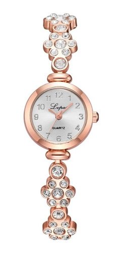 Relógio Feminino Dourado Quartz Pulseira Com Pedras E Flor